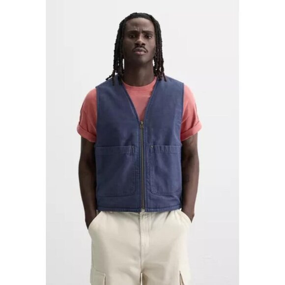 ZARA Mens Blue Denim Vest Relaxed Fit Waistcoat Cotton Zip Pockets Size M - Picture 2 of 13